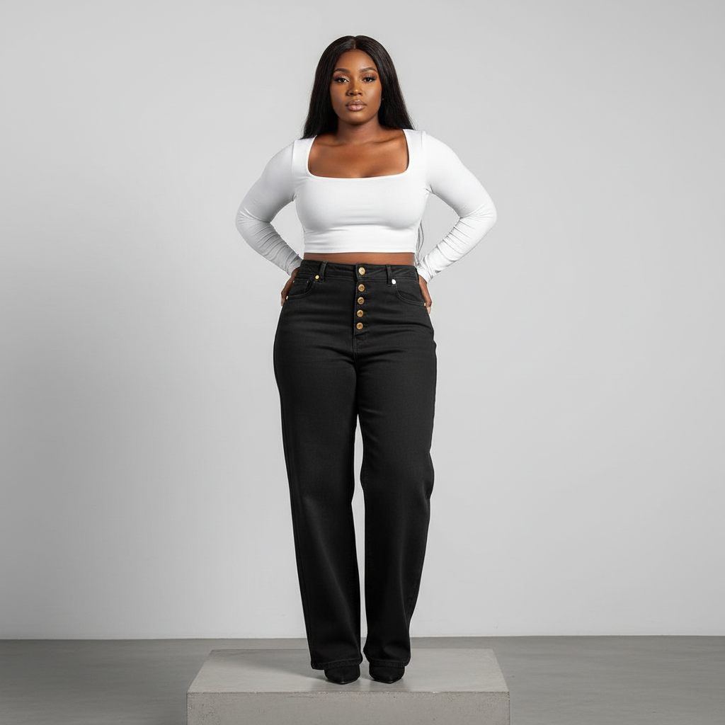 Black High-Waist Wide-Leg Jeans – Model Front