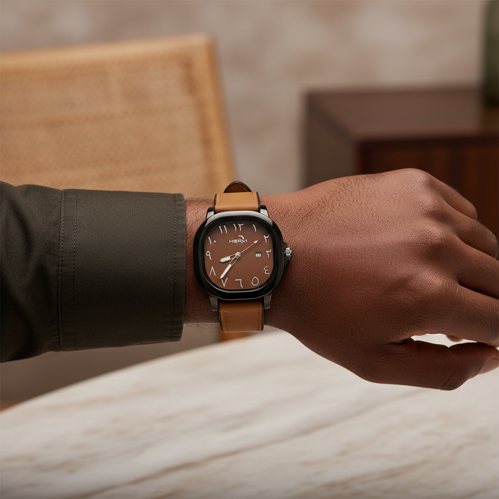 Brown dial watch with black case and brown leather strap worn on a Black man’s wrist