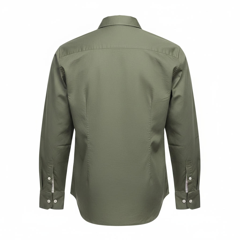 Olive green plain long-sleeved shirt ghost mannequin back view