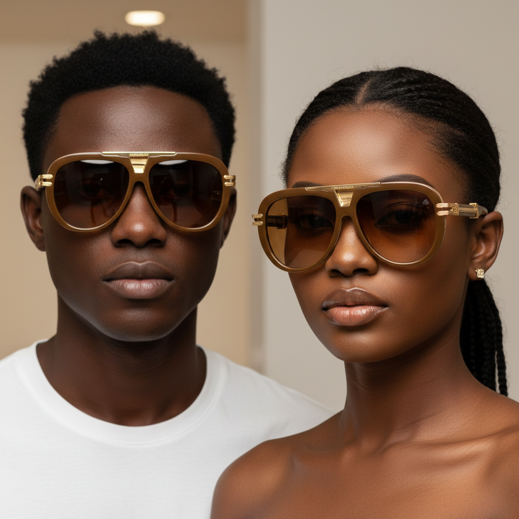 Nigerian male and female models wearing oversized aviator sunglasses translucent honey gold engraved frame solid amber lens gold hardware