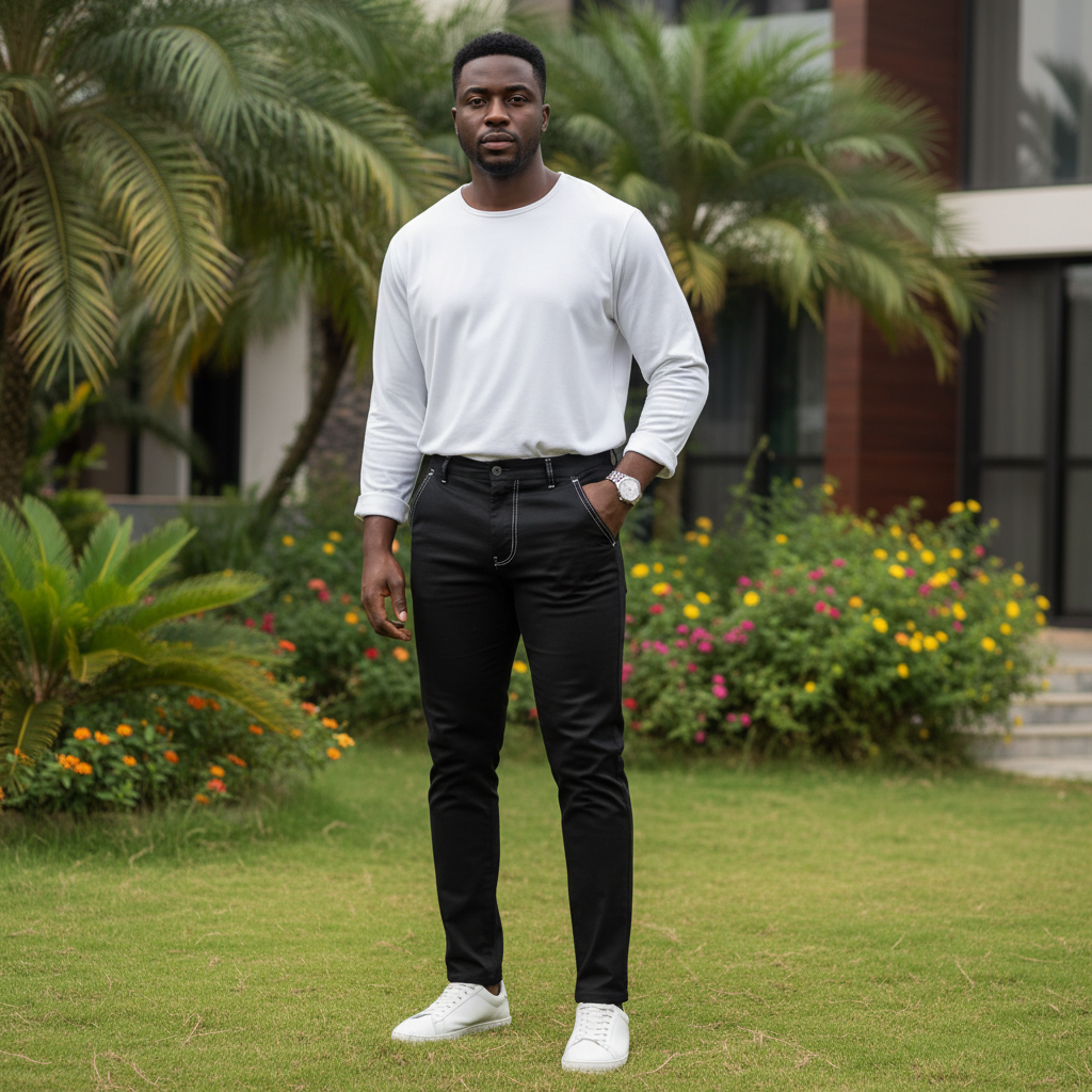 Nigerian male model wearing black chino trousers with white pocket detail in outdoor setting