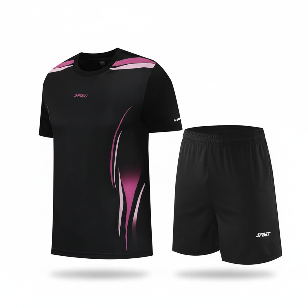 Ghost mannequin front view of black and pink sports jersey set