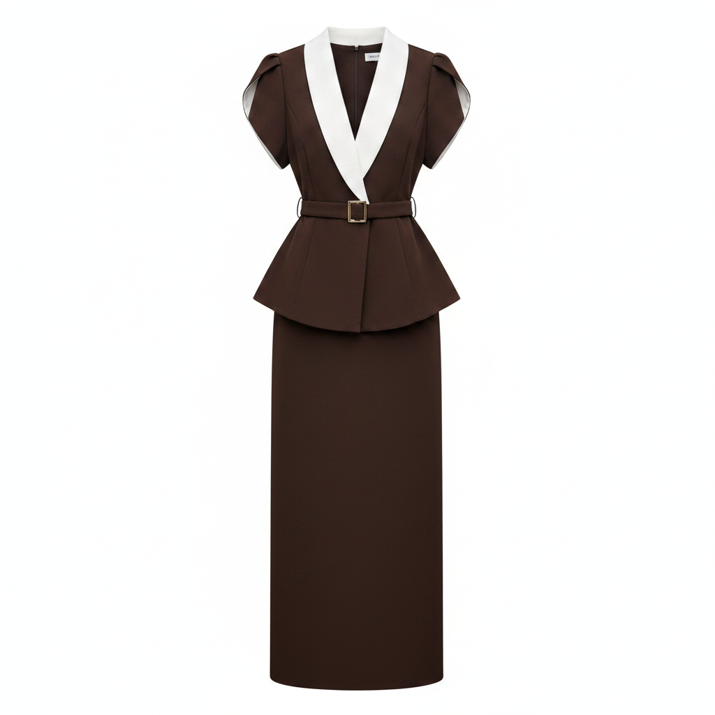 Women's white-collar peplum belted midi dress in dark brown – ghost mannequin front view