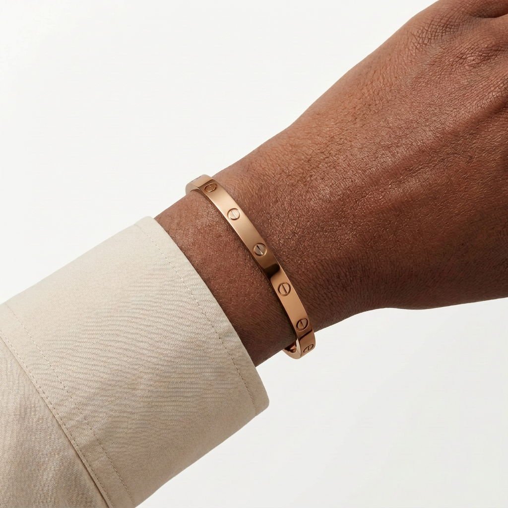 AI bronze-colour illustration of bracelet on a Black adult wrist