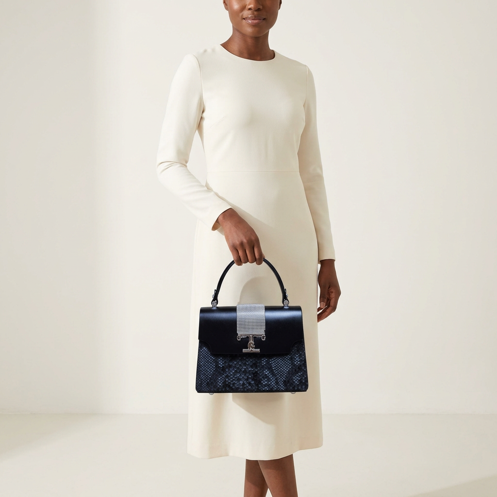 Woman in an ivory dress carrying a black crystal-detail top-handle bag on a plain off-white background