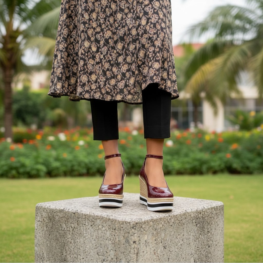Leg focus shot of Nigerian female model wearing burgundy croc-embossed ankle-strap espadrille wedge pumps