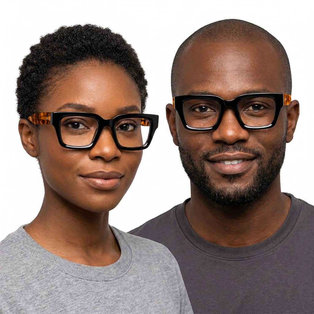 Black adult woman and man wearing black square eyeglasses with amber-brown tortoiseshell arms
