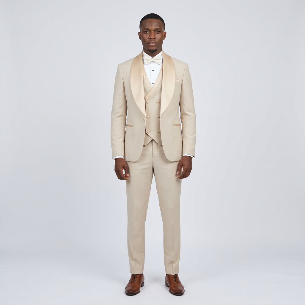 Full-body Black adult model wearing a beige shawl-collar formal suit