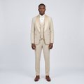Full-body Black adult model wearing a beige shawl-collar formal suit