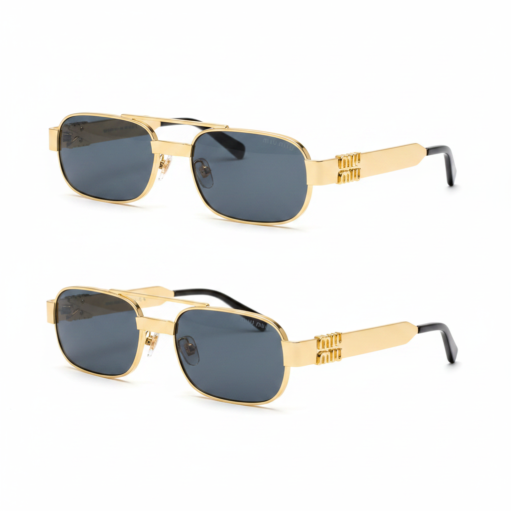 Unisex rectangular navigator sunglasses with gold double bridge and dark grey lenses – front and side ghost mannequin view on white background