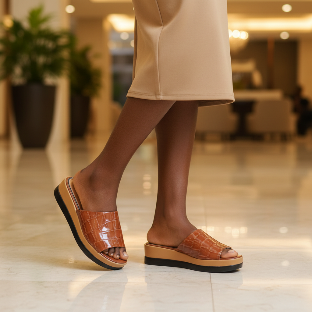 Nigerian female model wearing tan patent croc platform slide mule shoes, tight zoomed-in chic luxury leg focus lifestyle shot