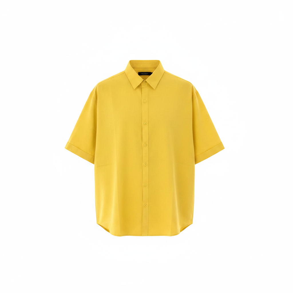 Men's yellow oversized short-sleeve button-down shirt – ghost mannequin front view