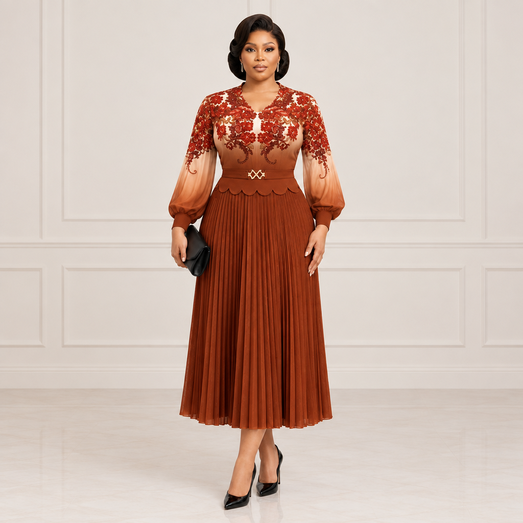 Adult Black woman wearing a rust floral pleated dress
