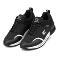 Pair of charcoal mesh sneakers with curved white trim and black-and-white soles on white