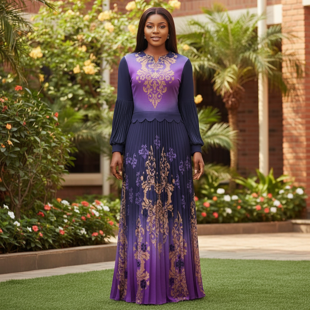 Nigerian female model wearing purple navy ombre baroque damask print long-sleeve pleated maxi dress