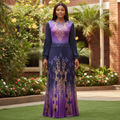 Nigerian female model wearing purple navy ombre baroque damask print long-sleeve pleated maxi dress
