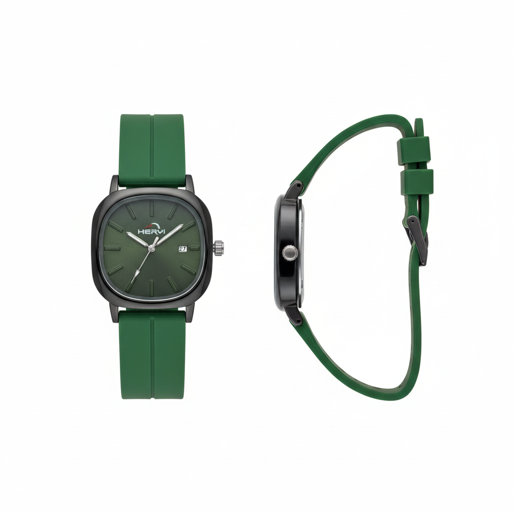 Full green strap square watch shown from the front and side on a white background