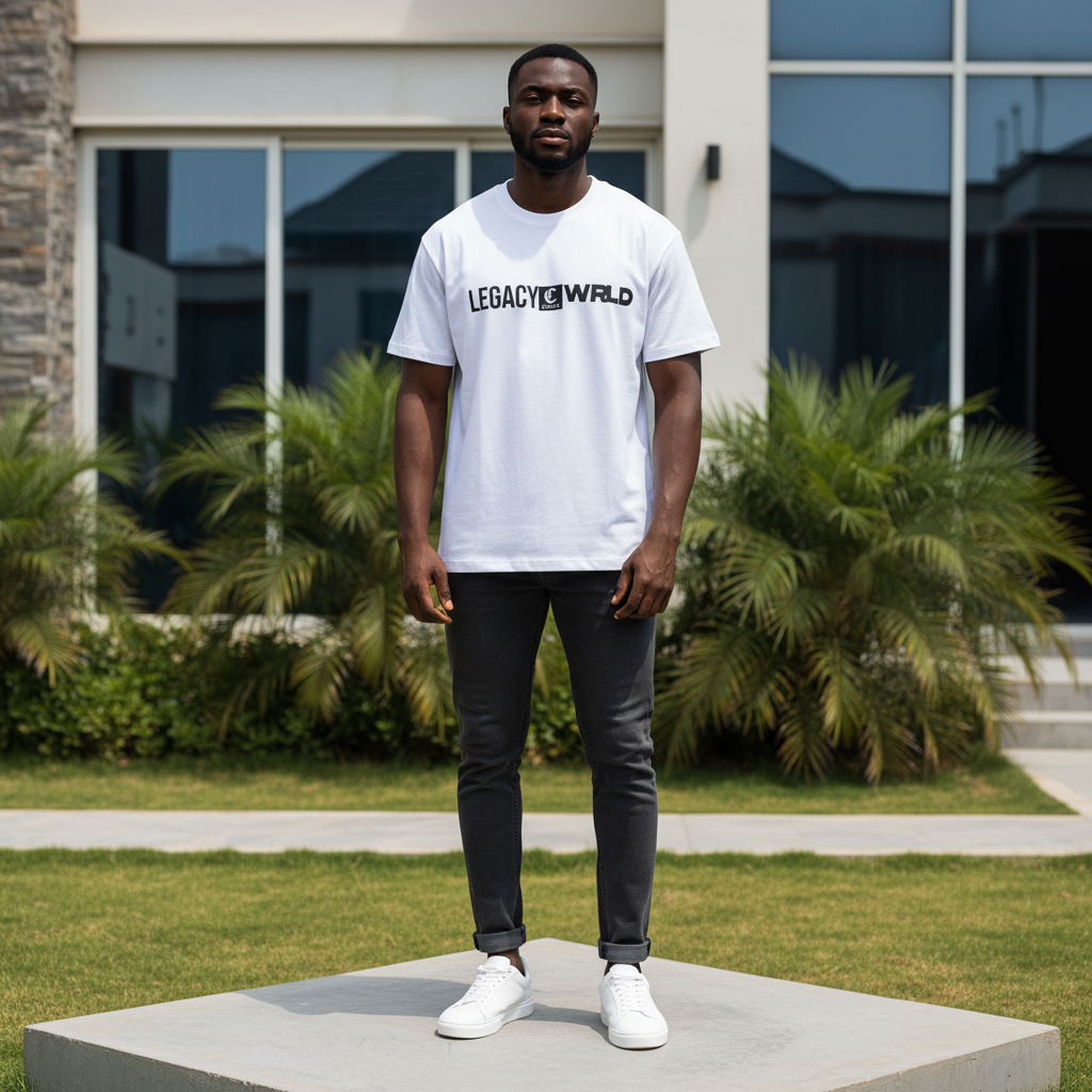Nigerian male model wearing men's white monogram logo short-sleeve tee full body streetwear editorial shot