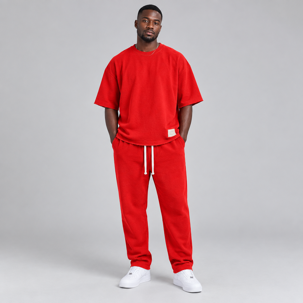 Nigerian male model wearing red oversized t-shirt and jogger tracksuit set