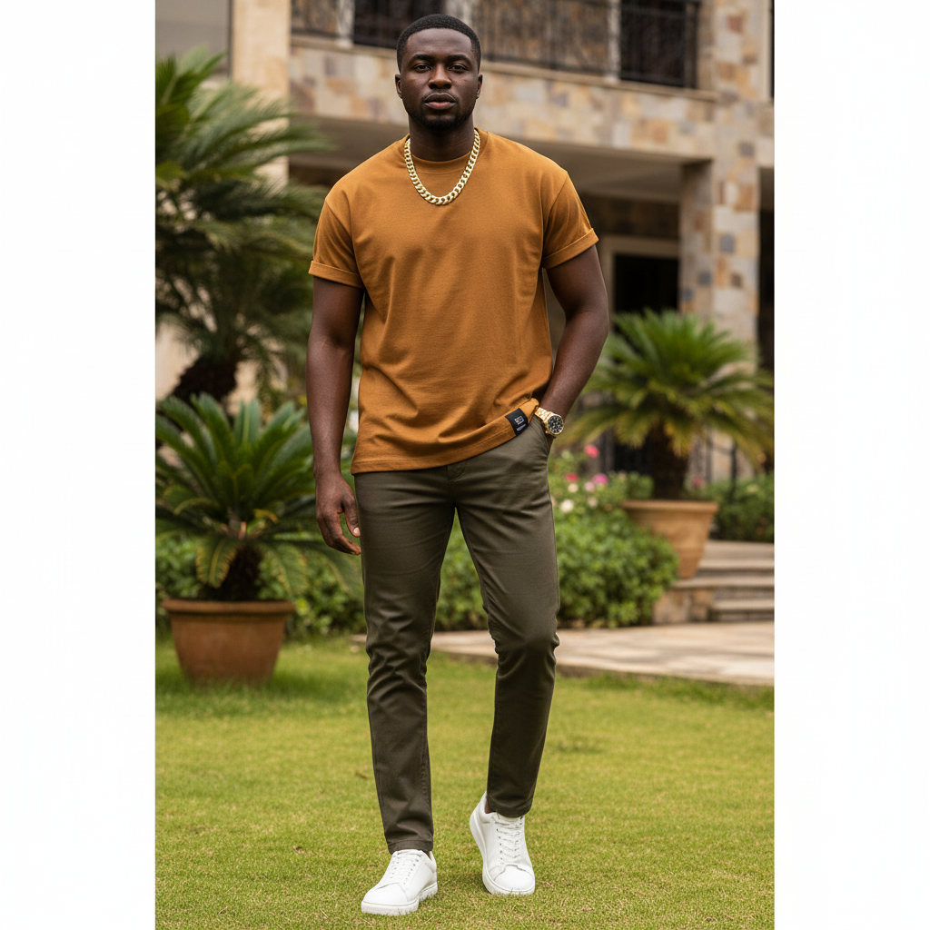 Nigerian male model wearing caramel brown crew neck t-shirt outdoors