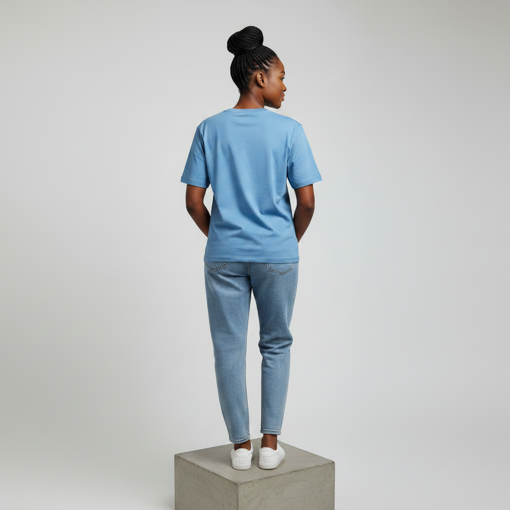 Nigerian female model back view wearing plain sky blue T-shirt - consistent model