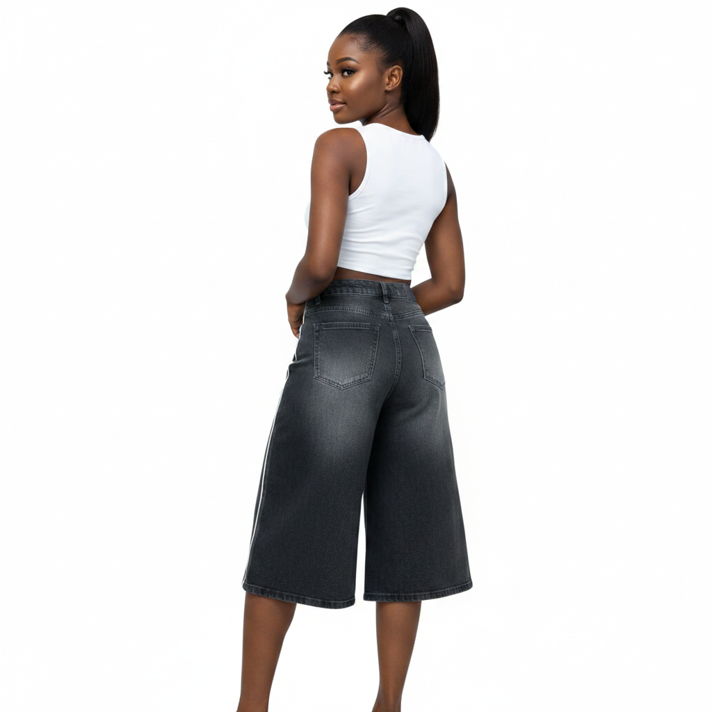 Grey side-stripe wide-leg denim shorts back view on model