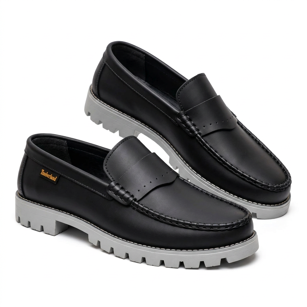 Pair of black contrast-stitch loafers with grey lug soles on a white background