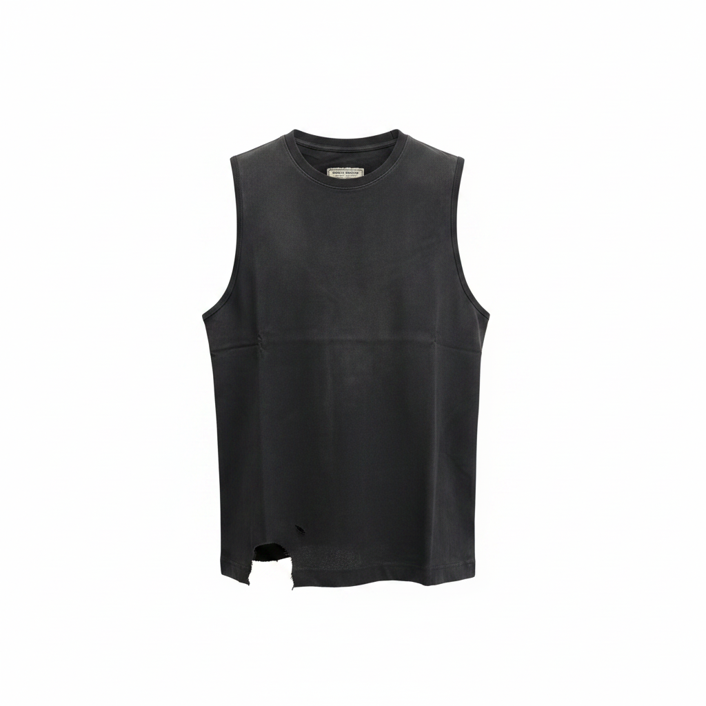 Men's washed black oversized sleeveless vest – ghost mannequin front view