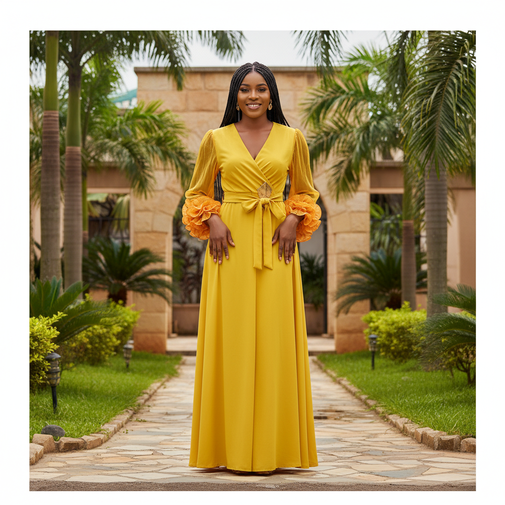 Women's long-sleeve ruffle-cuff wrap maxi dress in yellow – Nigerian female model front view