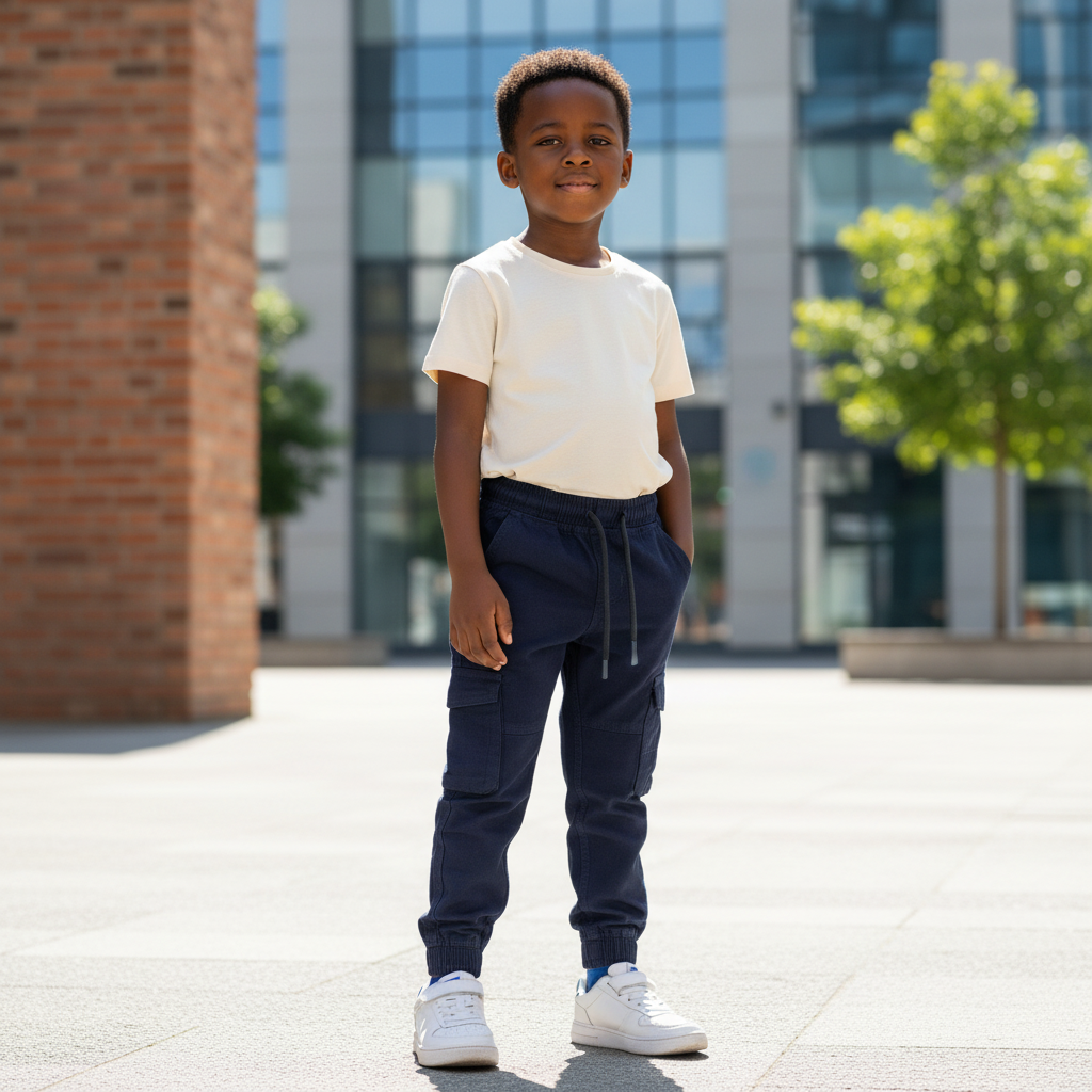 Young Nigerian boy wearing navy cargo jogger pants