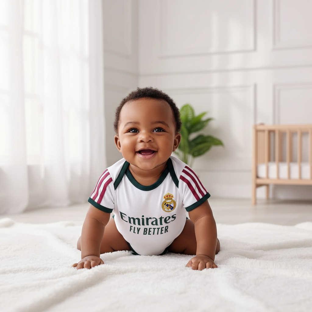Nigerian baby wearing white football onesie romper in upscale home setting