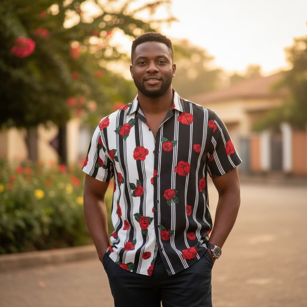 Nigerian male model wearing Rose Stripe Shirt front view