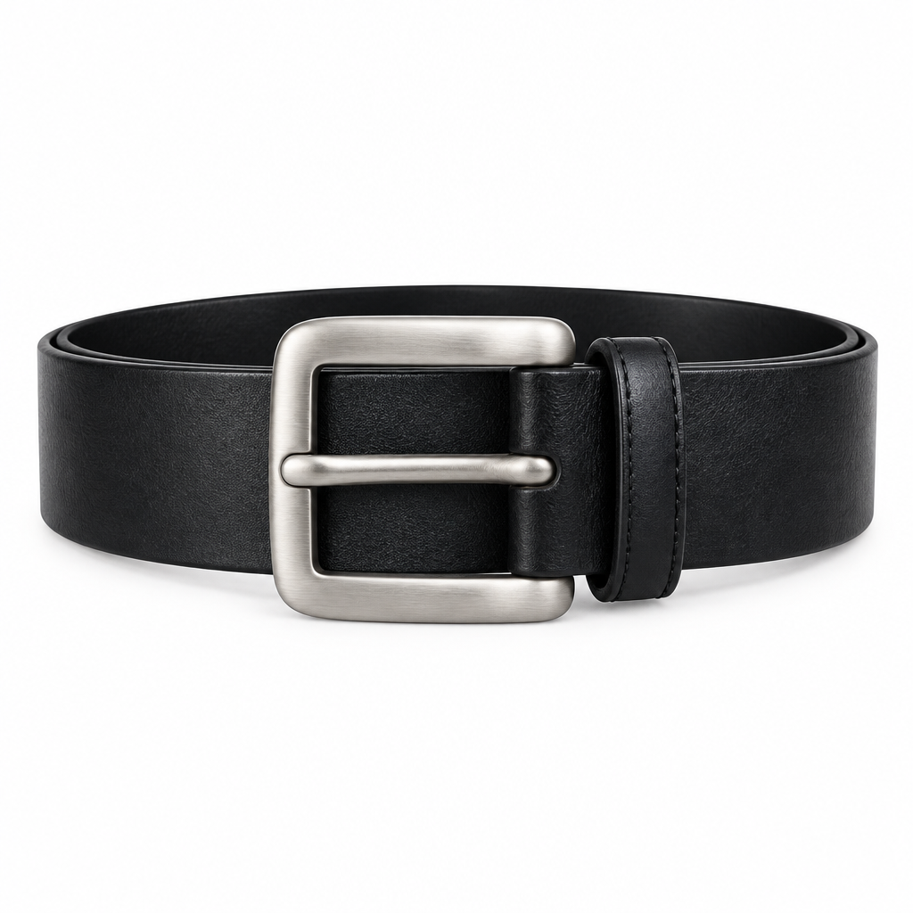 Black Leather Brushed Silver Centre-Bar Buckle Belt - Front View