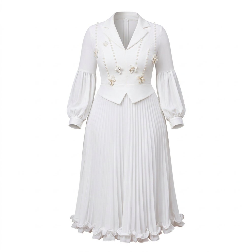 White floral-trim balloon-sleeve pleated midi gown on an invisible mannequin