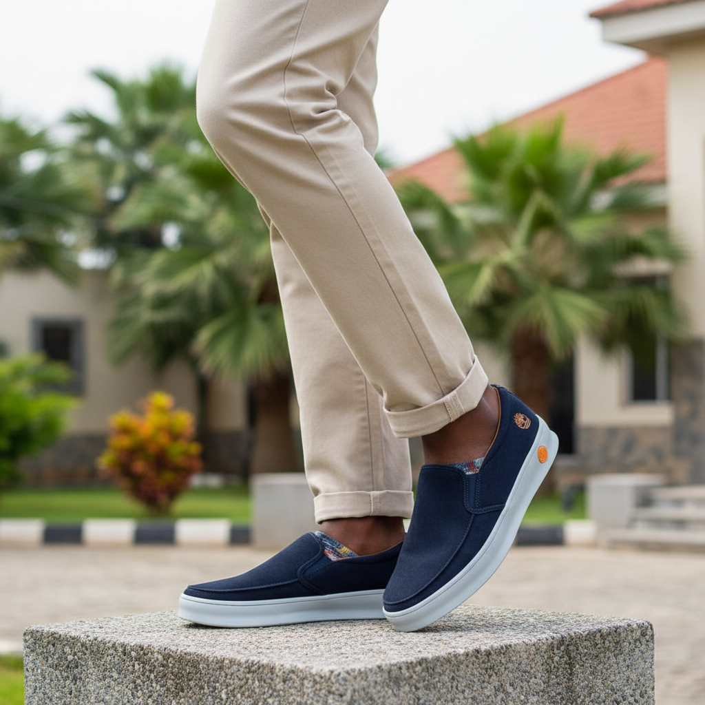 Nigerian male model leg focus wearing navy blue suede slip-on loafers