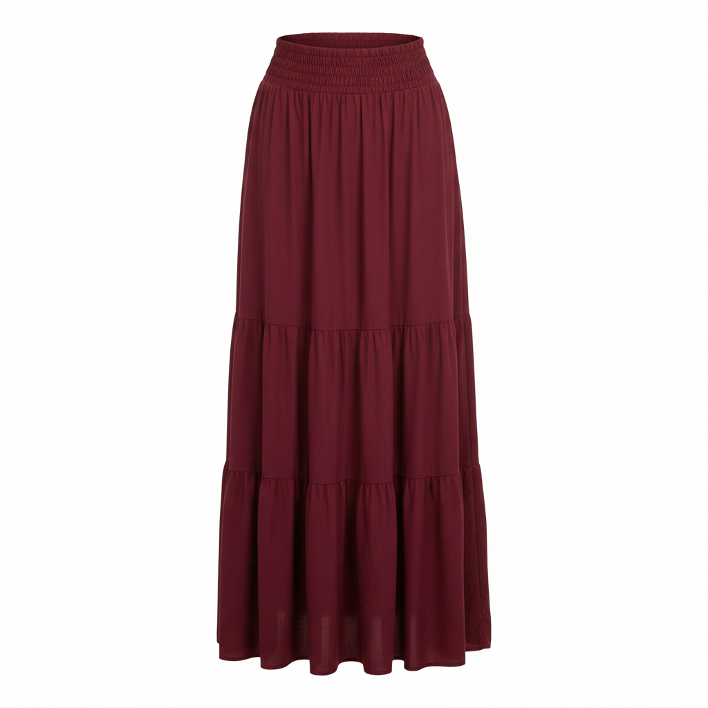 Ghost mannequin view of burgundy tiered A-line maxi skirt