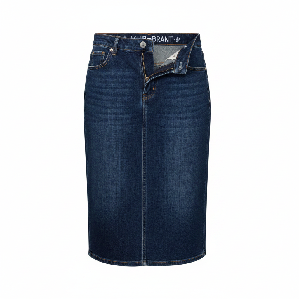 Ghost mannequin view of Women's Dark Blue Denim Midi Pencil Skirt