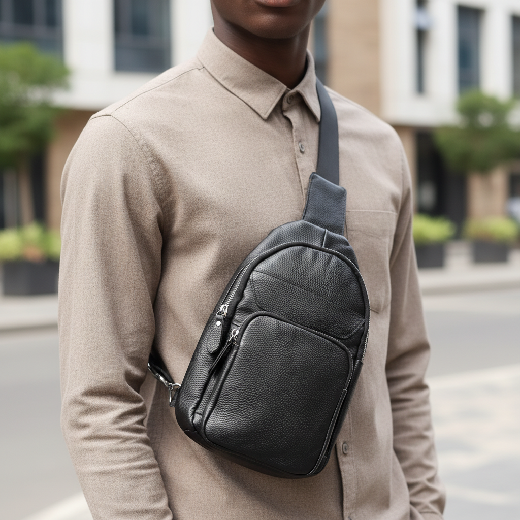 Male model wearing leather chest bag