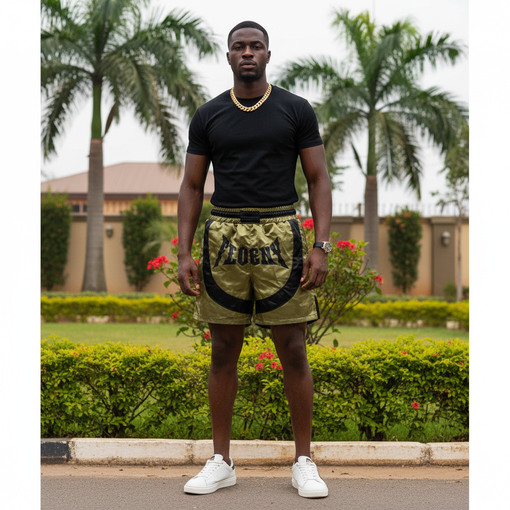 Nigerian male model wearing olive camo graphic shorts outdoors