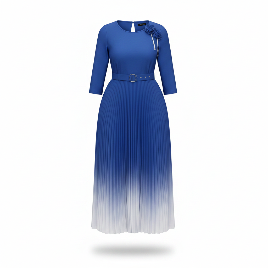 Ghost mannequin view of royal blue ombre pleated midi dress with flower brooch