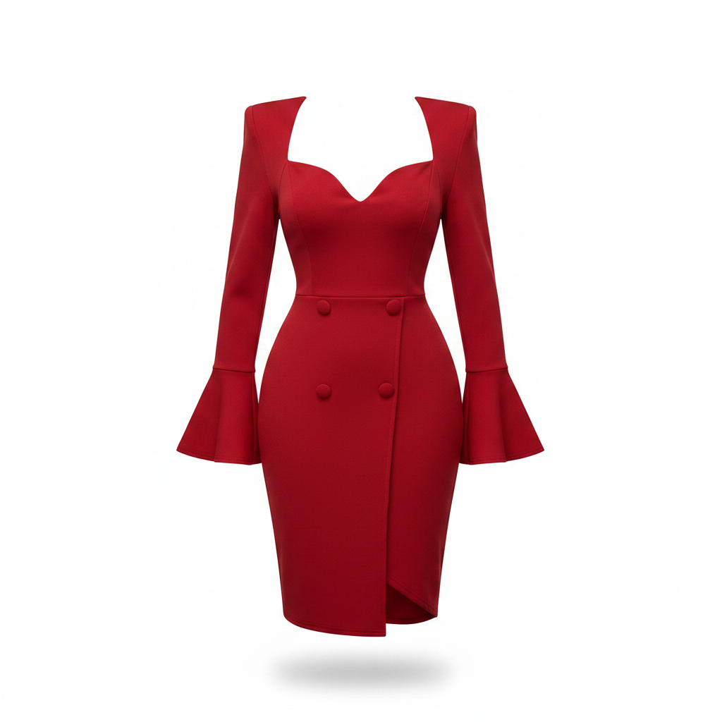 Women's scarlet red sweetheart neck padded shoulder bell cuff bodycon midi dress - ghost mannequin view