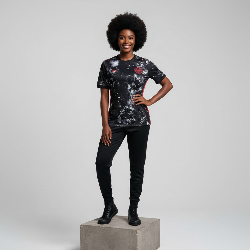 Nigerian female model wearing black galaxy splatter graphic football jersey on concrete plinth