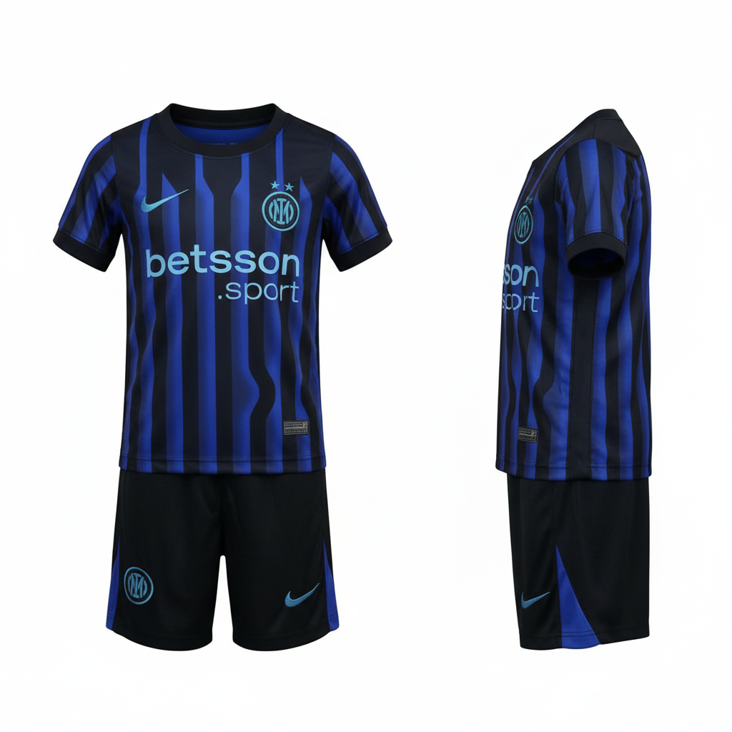 Kids black and royal blue stripe football jersey and shorts set ghost mannequin front and side view