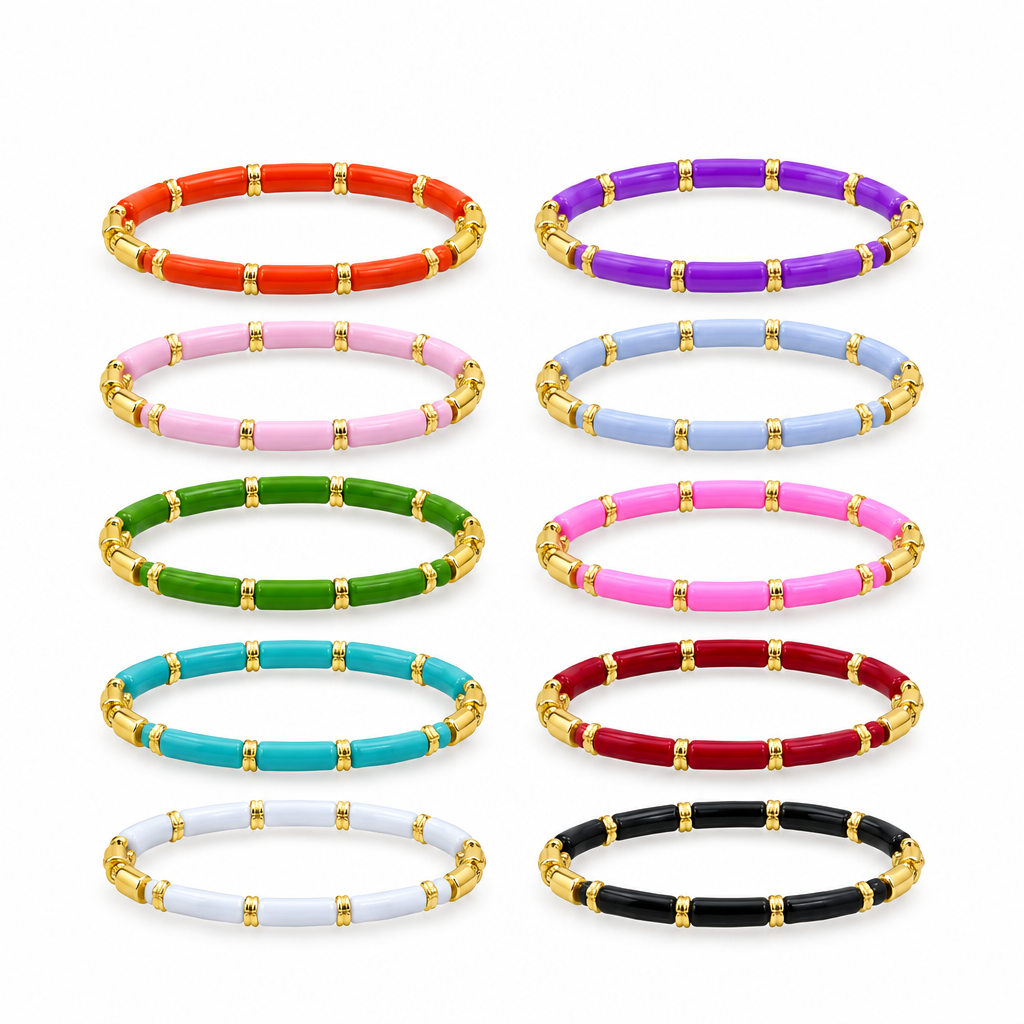 Colourful enamel tube stretch bracelets with gold spacers
