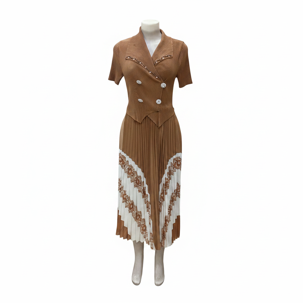 Ghost mannequin front view of Caramel Pleated Blazer and Skirt Co-ord Set