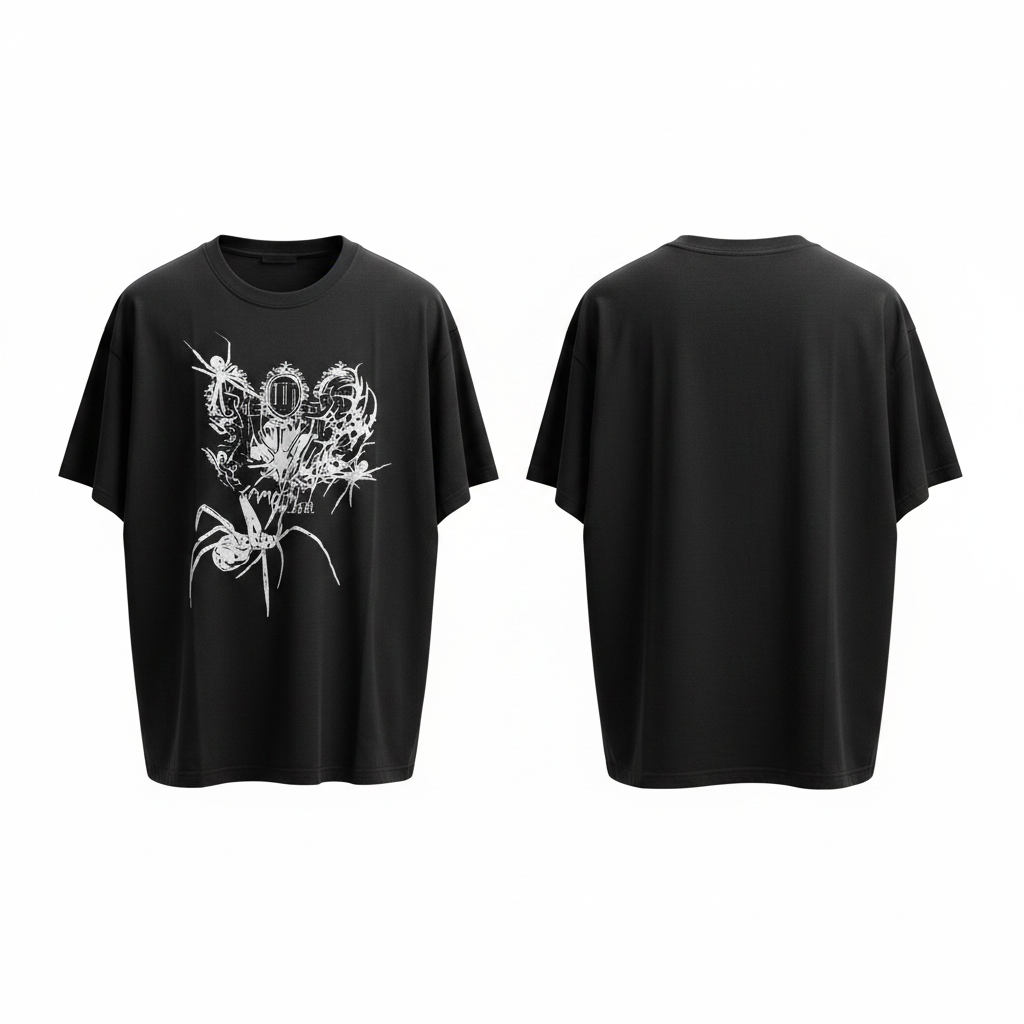 Men's black short-sleeve spider and castle graphic tee ghost mannequin front and back view