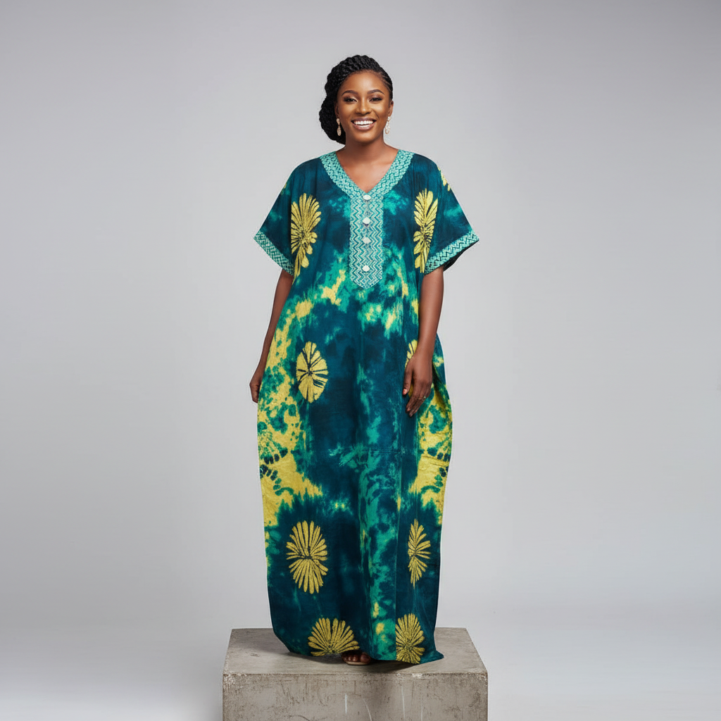 Nigerian female model wearing teal yellow adire sunflower long bubu gown