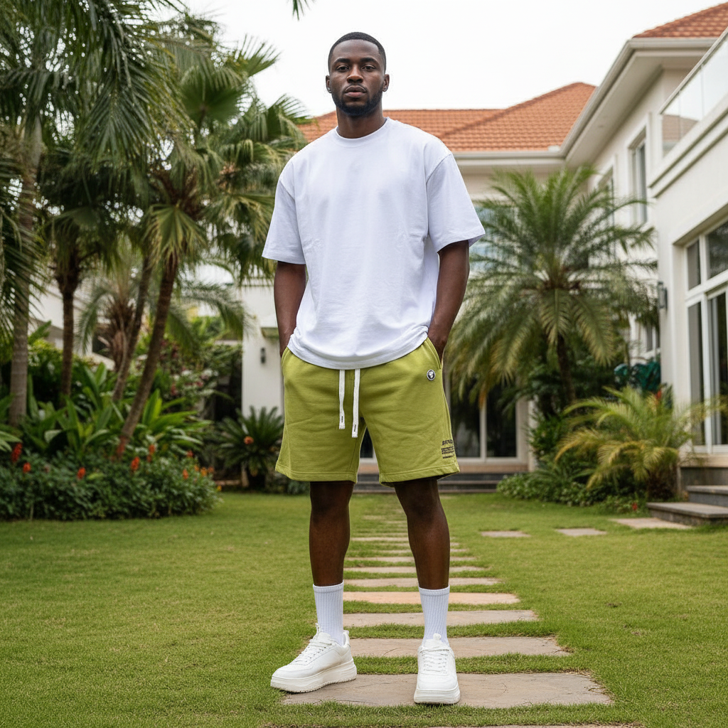 Nigerian male model wearing lime green fleece drawstring shorts in upscale outdoor setting