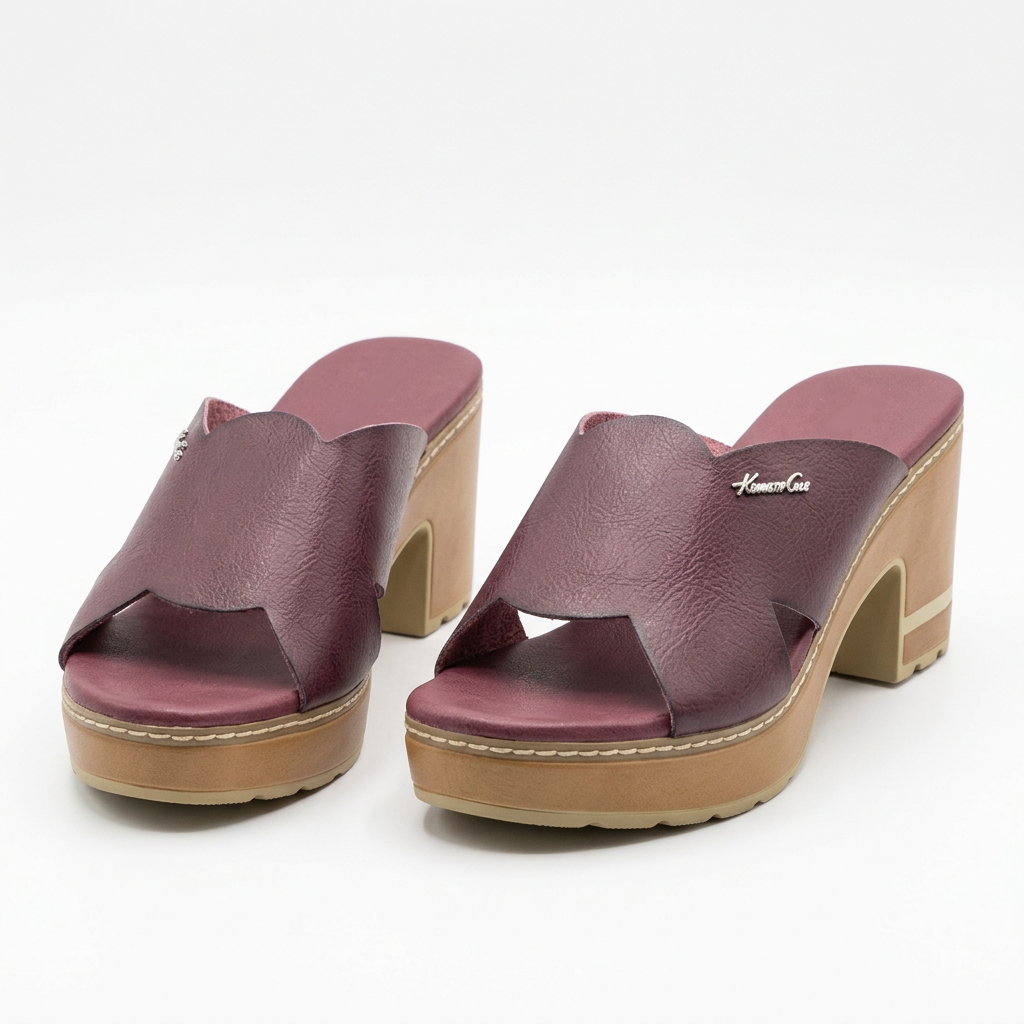 Pair of plum cross-strap platform block-heel mules on white