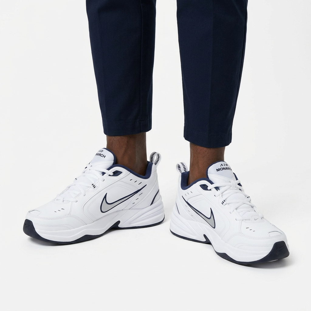 Both white and silver low-top sneakers worn with navy trousers